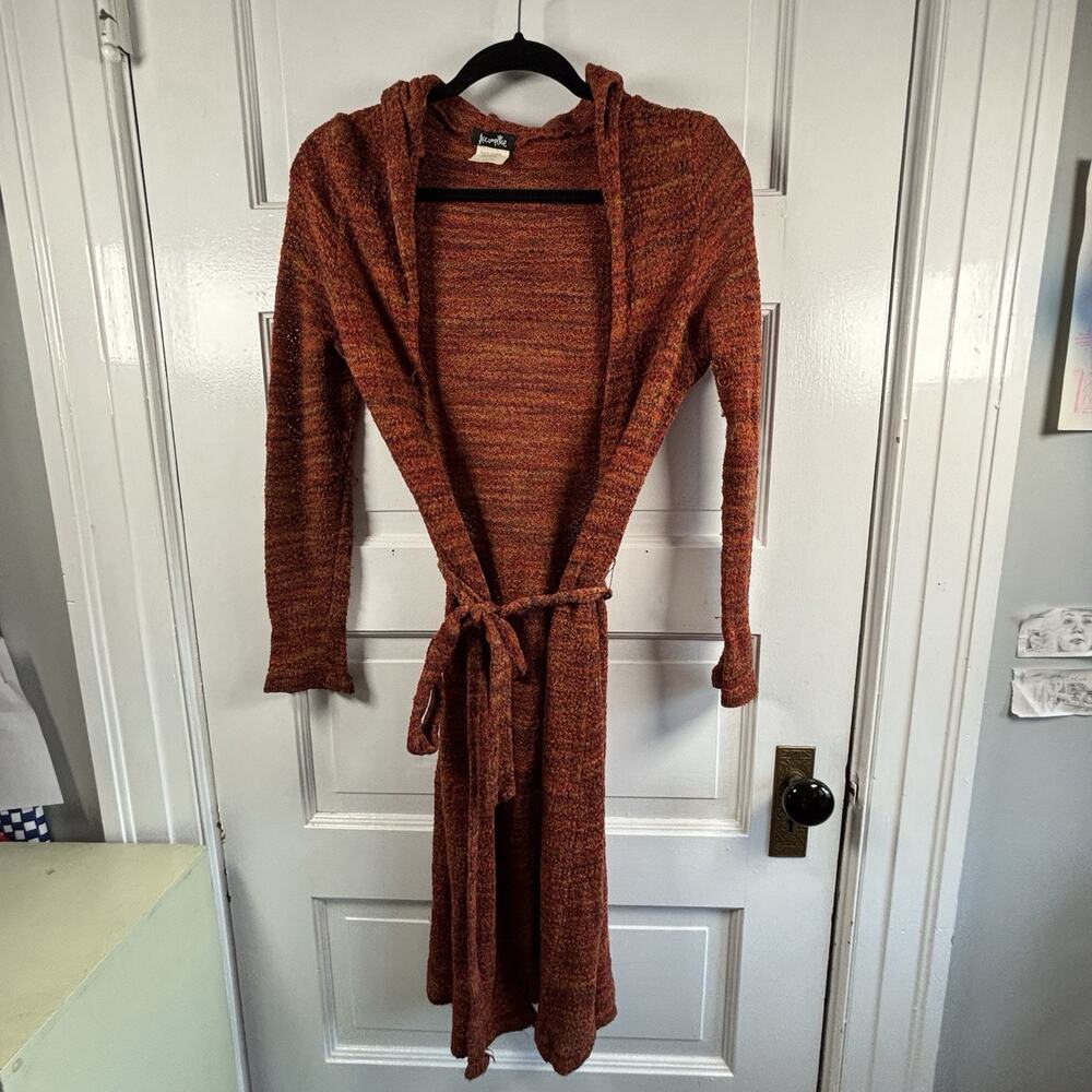 Y2K 90s Fuzzy Women's‎ Tie Up Open Knit Sweater Confetti Rust Large